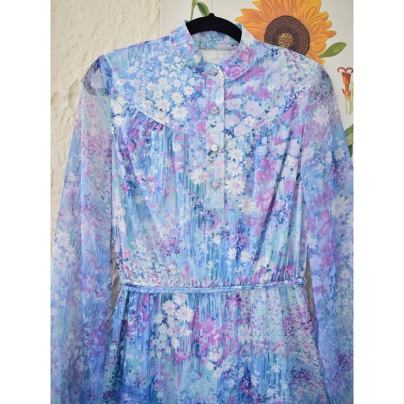 70s blue purple green impressionist floral spring dress (M) - Picture 3 of 7